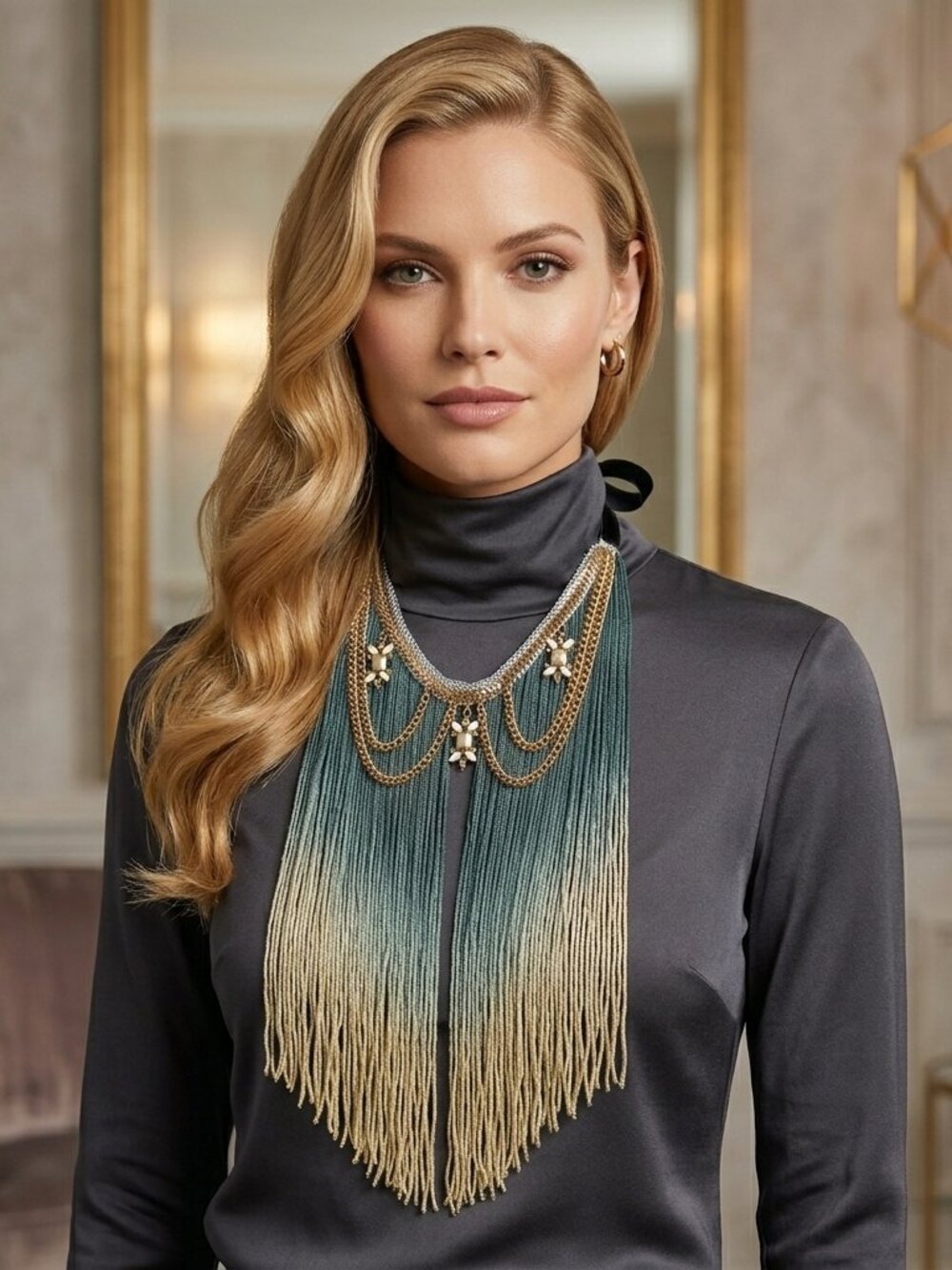 Gimmicks by BKE Teal and Gold Fringe Necklace